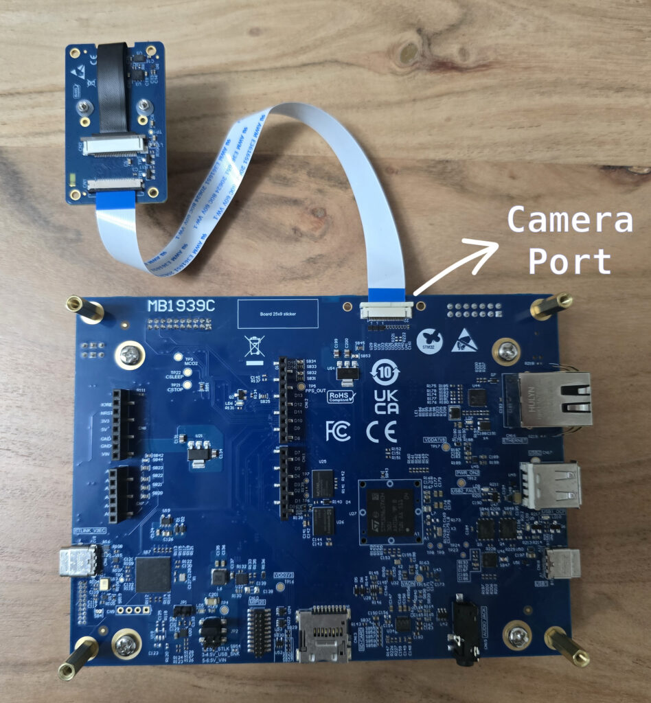 Image showcasing the STM32N6570-DK with camera module connection