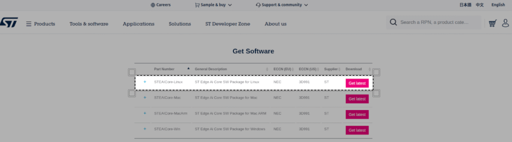 STEdgeAI-Core download page screenshot, the linux installer is highlighted.