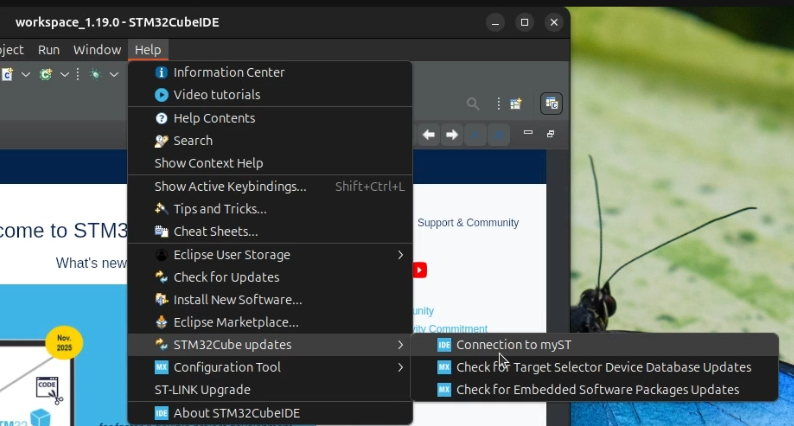 The image shows the STM32CubeIDE application with the menu open to sign in into the ST user account.