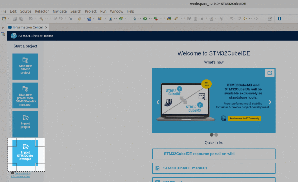 The image shows the STM32CubeIDE application with the "Import STM32Cube example" button highlighted.