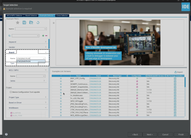 The Target Selection menu of the STM32CubeIDE