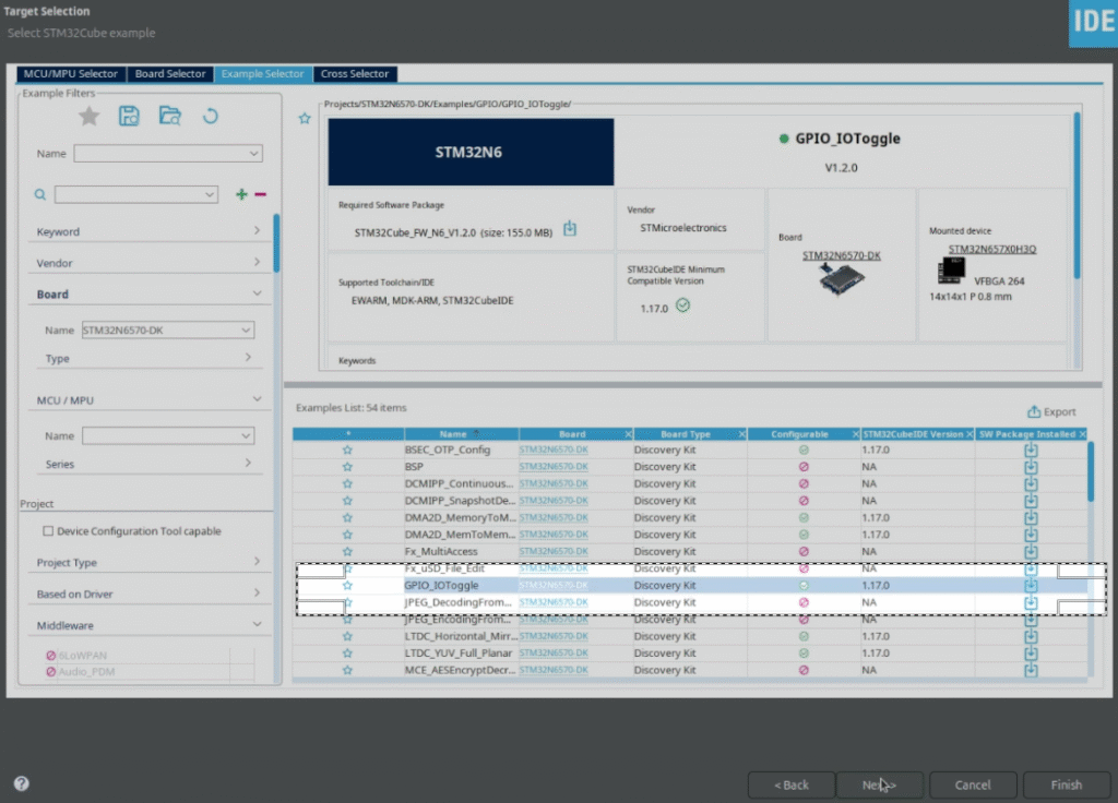 The STM32CubeIDE example selector window with the GPIO_IOToggle selected