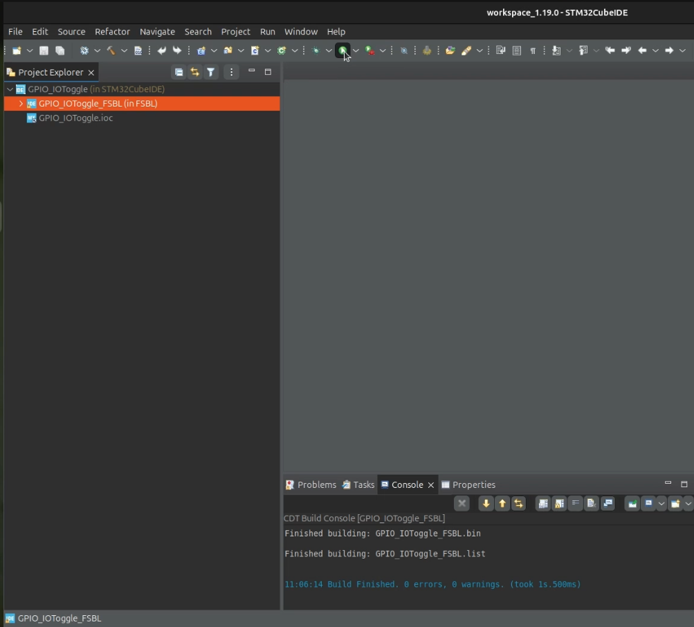 The STM32CubeIDE project install window for the LED blink example