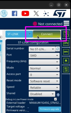 The STM32CubeProgrammer application connect option.