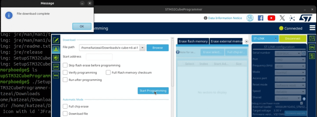 The STM32CubeProgrammer application File download complete message window