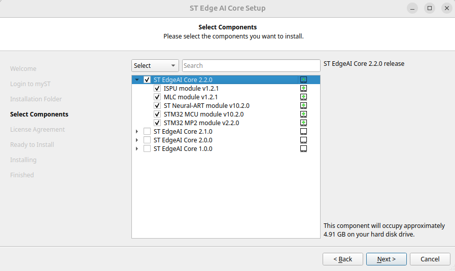 Shows the ST Edge AI core installer window with the components selection step, choosing the 2.2.0 version