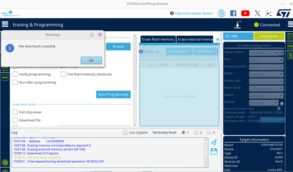 The STM32CubeProgrammer application File download complete message window